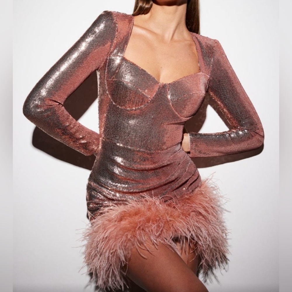 Nadine merabi long sleeve dress with feathers